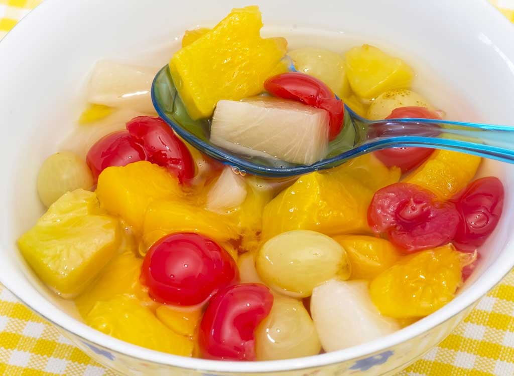 Canned fruit cocktail in bowl